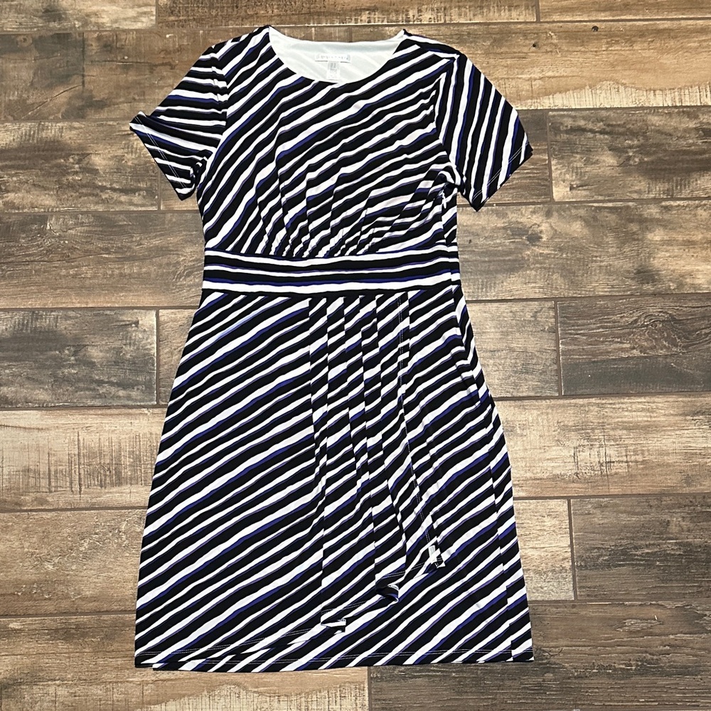 London Times Navy and White Striped Midi Dress